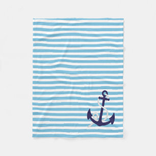 Aqua Blue Nautical Stripes met Navy Blue Anchor Fleece Deken