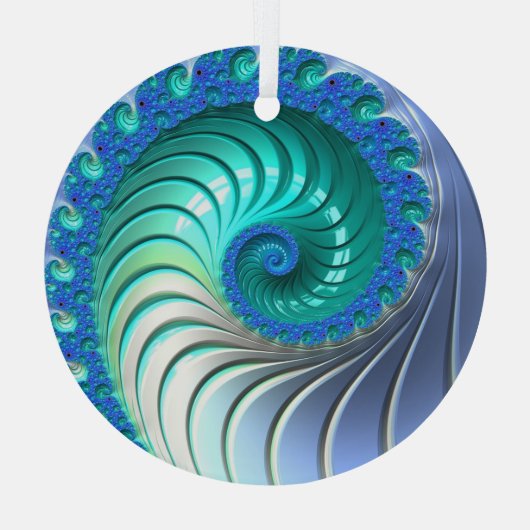 Aqua Blue Nautilus Shell Fractal Spiral Suncatcher Glas Ornament (Achterkant)