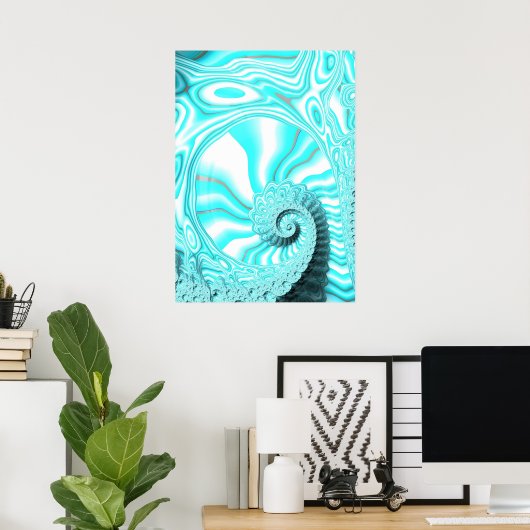 Aqua Blue Nautilus Shell Spiral Fractal Abstract Poster (Thuiskantoor)