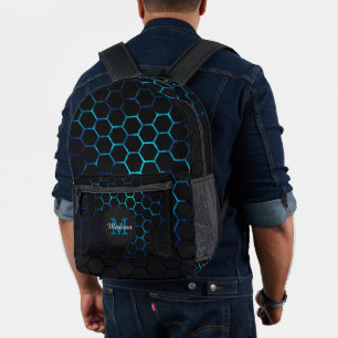 Aqua blue neon honingraat geometrie Monogram Zwart Bedrukte Rugzak