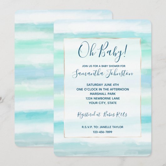 Aqua Blue Ocean Mint Witte Waterverf Strepen Kaart (Voorkant / Achterkant)