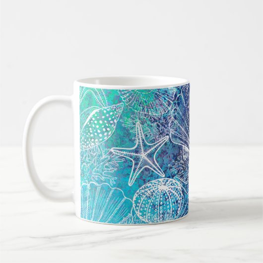 Aqua Blue Ocean Sealife Seashells Koffiemok (Links)