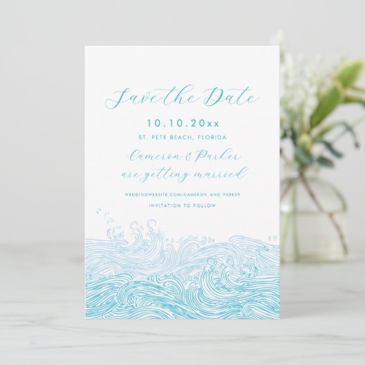 Aqua Blue Ocean Waves Beach Wedding Bewaar de datu Save The Date (Staand voorkant)