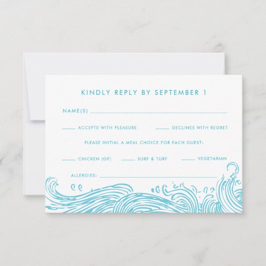 Aqua Blue Ocean Waves Maaltijdopties Strandbruilof RSVP Kaartje (Voorkant)