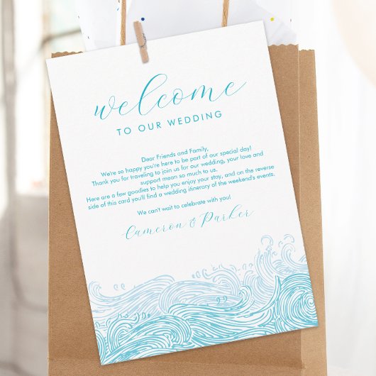 Aqua Blue Ocean Waves Wedding Welkomstroute Bedankkaart