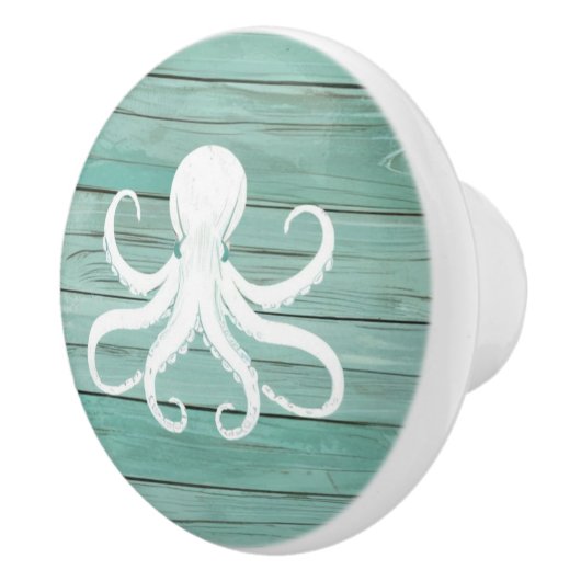 Aqua Blue Octopus Faux Wood Nautische lade knop (Rechts)