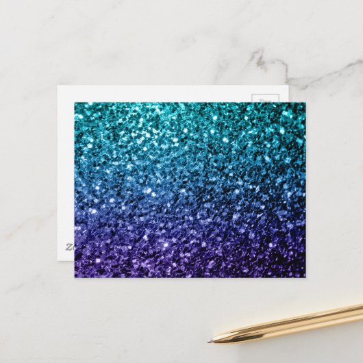Aqua blue Ombre faux glitter sparkles Briefkaart (Voorkant / Achterkant in situ)