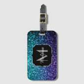 Aqua blue Ombre faux glitter sparkles Monogram Bagagelabel (Voorkant (verticaal))