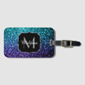 Aqua blue Ombre faux glitter sparkles Monogram Bagagelabel (Voorkant (horizontaal))