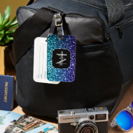 Aqua blue Ombre faux glitter sparkles Monogram Bagagelabel