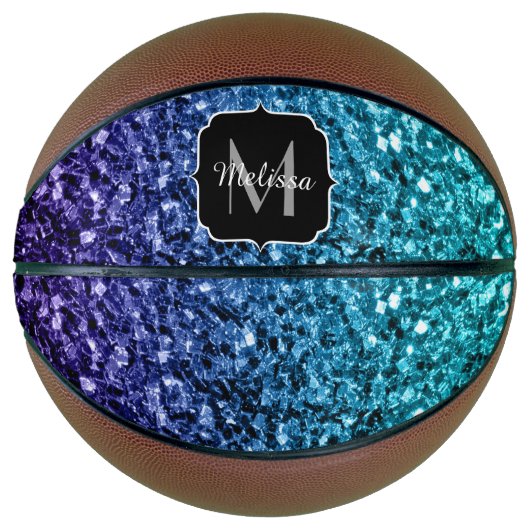 Aqua blue ombre faux glitter sparkles Monogram Basketbal (Voorkant)