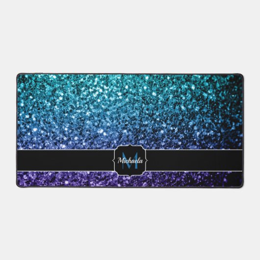 Aqua blue ombre faux glitter sparkles Monogram Bureaumat (Voorkant)