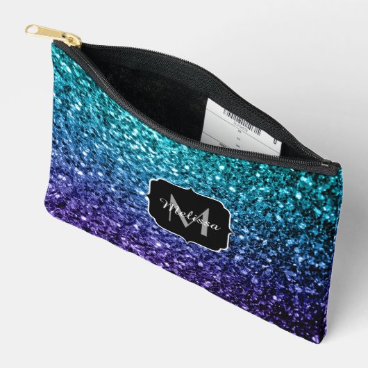 Aqua blue ombre faux glitter sparkles Monogram Etui (Open)