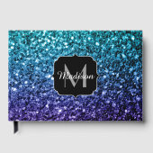 Aqua blue Ombre faux glitter sparkles Monogram Gastenboek (Voorkant)