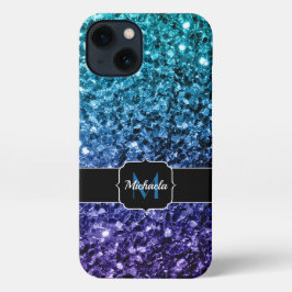 Aqua blue ombre faux glitter sparkles Monogram iPhone 13 Hoesje