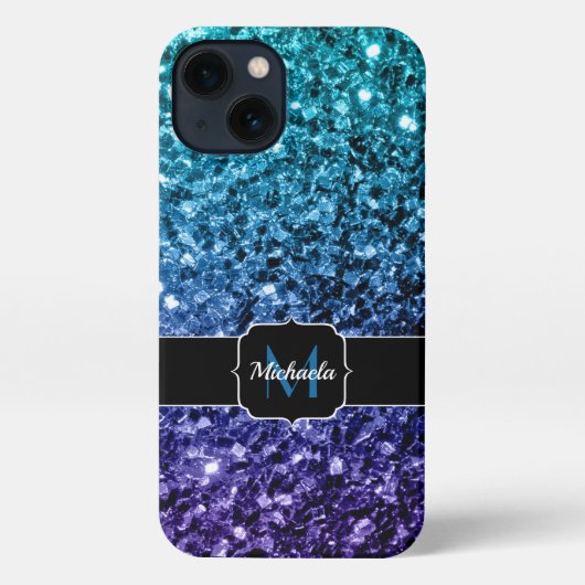 Aqua blue ombre faux glitter sparkles Monogram iPhone Hoesje (Achterkant)