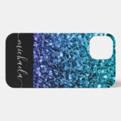Aqua blue Ombre faux glitter sparkles Monogram iPhone Hoesje (Achterkant horizontaal)
