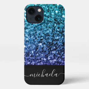 Aqua blue Ombre faux glitter sparkles Monogram iPhone 13 Hoesje