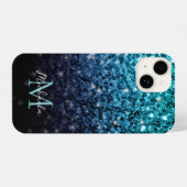 Aqua blue Ombre faux glitter sparkles Monogram iPhone Hoesje (Achterkant horizontaal)