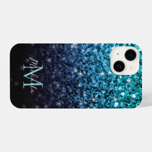 Aqua blue Ombre faux glitter sparkles Monogram iPhone Hoesje (Achterkant horizontaal)