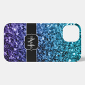 Aqua blue Ombre faux glitter sparkles Monogram iPhone Hoesje (Achterkant horizontaal)
