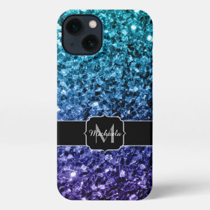 Aqua blue Ombre faux glitter sparkles Monogram iPhone 13 Hoesje