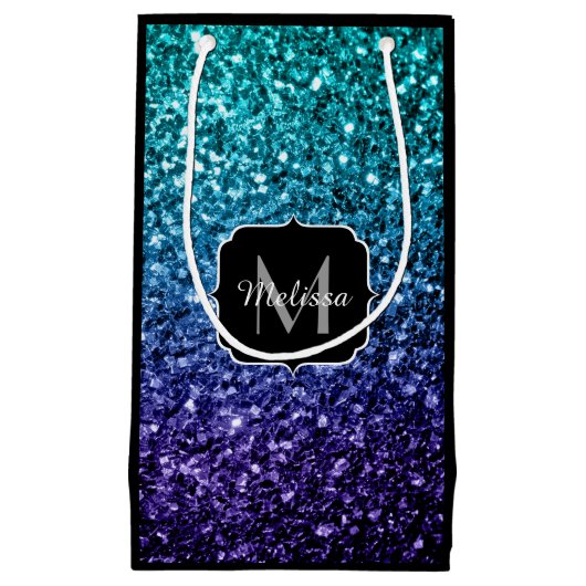 Aqua blue Ombre faux glitter sparkles Monogram Klein Cadeauzakje (Voorkant)