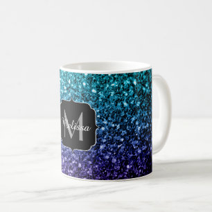 Aqua blue Ombre faux glitter sparkles Monogram Koffiemok