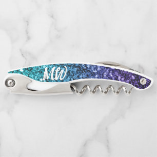 Aqua blue Ombre faux glitter sparkles Monogram Kurkentrekker