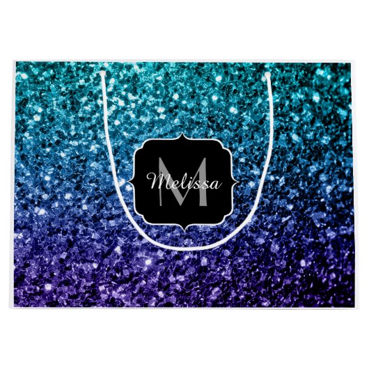 Aqua blue Ombre faux glitter sparkles Monogram Large Cadeautasje (Voorkant)