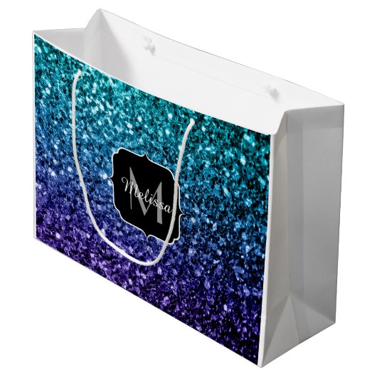 Aqua blue Ombre faux glitter sparkles Monogram Large Cadeautasje (Voorkant Gekanteld)