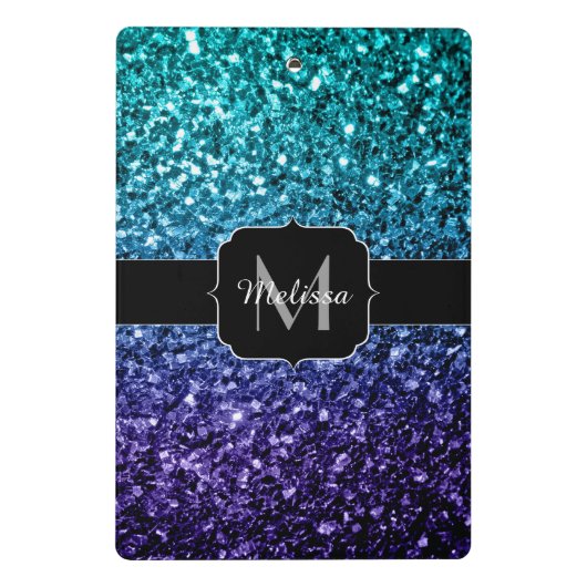 Aqua blue Ombre faux glitter sparkles Monogram Mini Klembord (Achterkant)