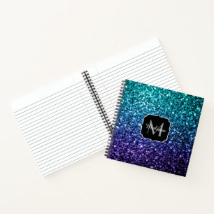 Aqua blue Ombre faux glitter sparkles Monogram Notitieboek