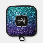 Aqua blue ombre faux glitter sparkles Monogram Pannenlap (Voorkant)