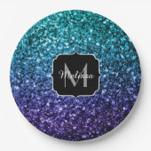 Aqua blue Ombre faux glitter sparkles Monogram Papieren Bordje (Voorkant)