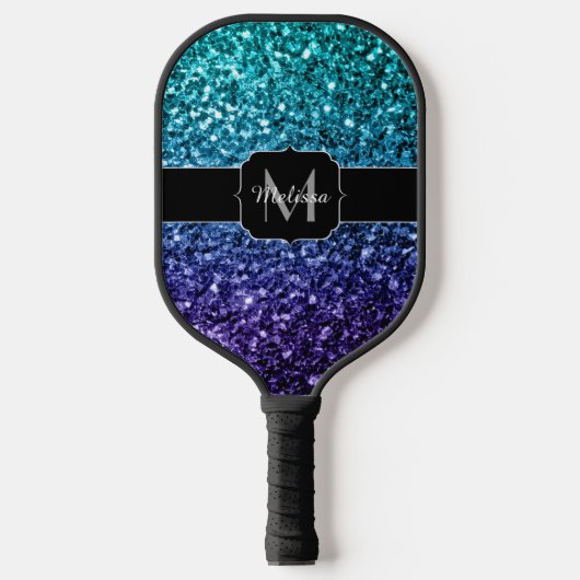 Aqua blue Ombre faux glitter sparkles Monogram Pickleball Paddle (Voorkant)