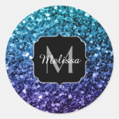 Aqua blue Ombre faux glitter sparkles Monogram Ronde Sticker (Voorkant)