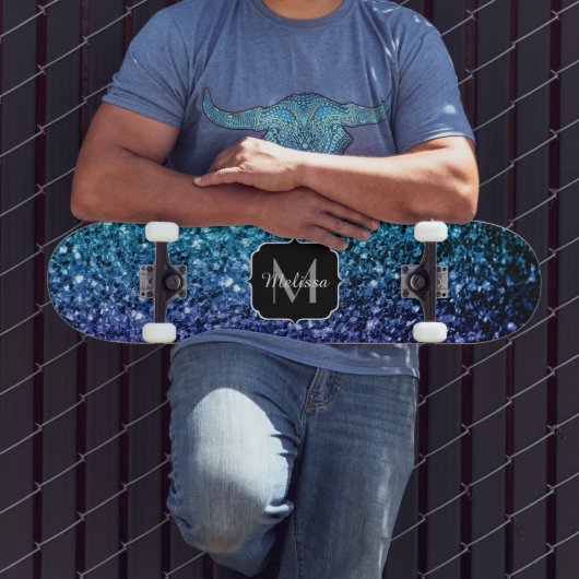 Aqua blue Ombre faux glitter sparkles Monogram Skateboard (Buiten 3)