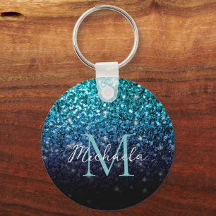 Aqua blue Ombre faux glitter sparkles Monogram Sleutelhanger