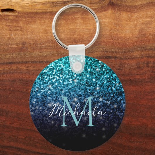 Aqua blue Ombre faux glitter sparkles Monogram Sleutelhanger (Voorkant)