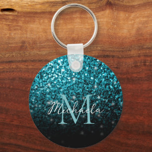 Aqua blue Ombre faux glitter sparkles Monogram Sleutelhanger