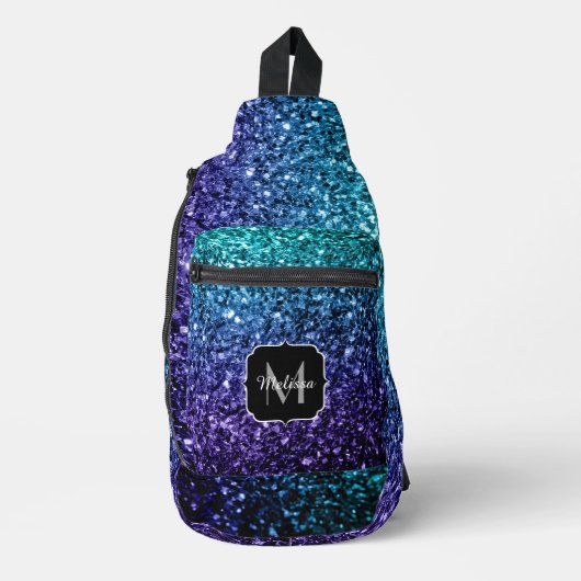 Aqua blue ombre faux glitter sparkles Monogram Sling Bag (Voorkant)