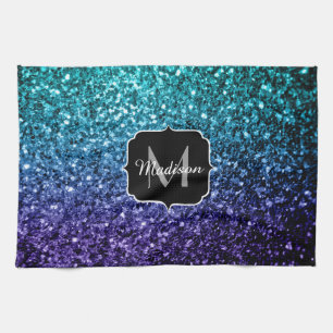 Aqua blue Ombre faux glitter sparkles Monogram Theedoek