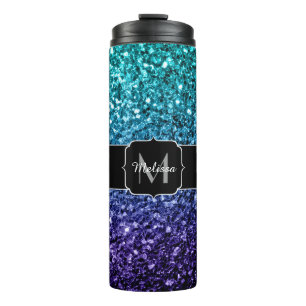 Aqua blue Ombre faux glitter sparkles Monogram Thermosbeker