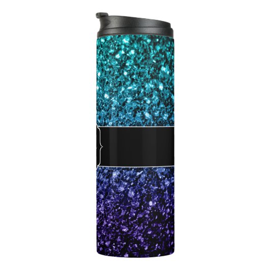 Aqua blue Ombre faux glitter sparkles Monogram Thermosbeker (Geroteerd rechts)