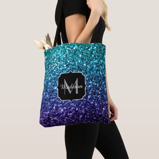Aqua blue Ombre faux glitter sparkles Monogram Tote Bag (Dichtbij)