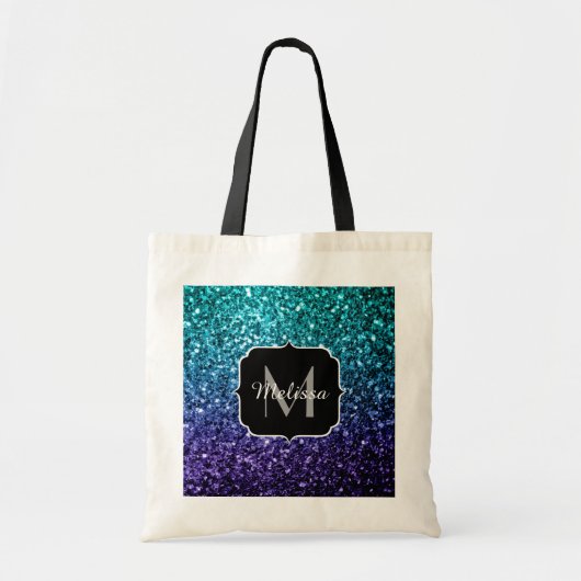 Aqua blue Ombre faux glitter sparkles Monogram Tote Bag (Voorkant)