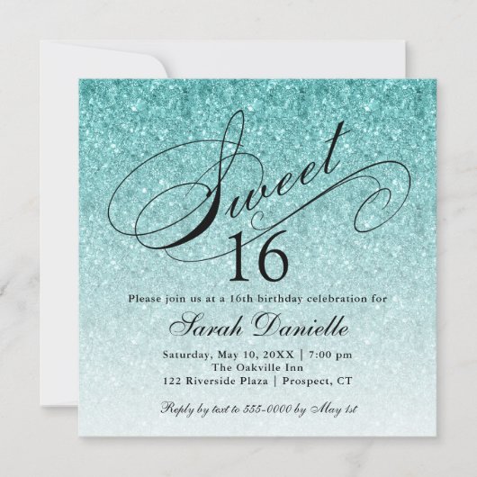 Aqua Blue Ombre Glam Glitter Sweet 16 Square Kaart (Voorkant)