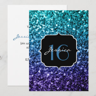 Aqua blue Ombre glitter sparkles Sweet 16 Invite Kaart