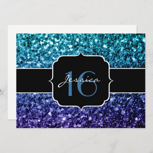 Aqua blue Ombre glitter sparkles Sweet 16 Invite Kaart (Voorkant / Achterkant)